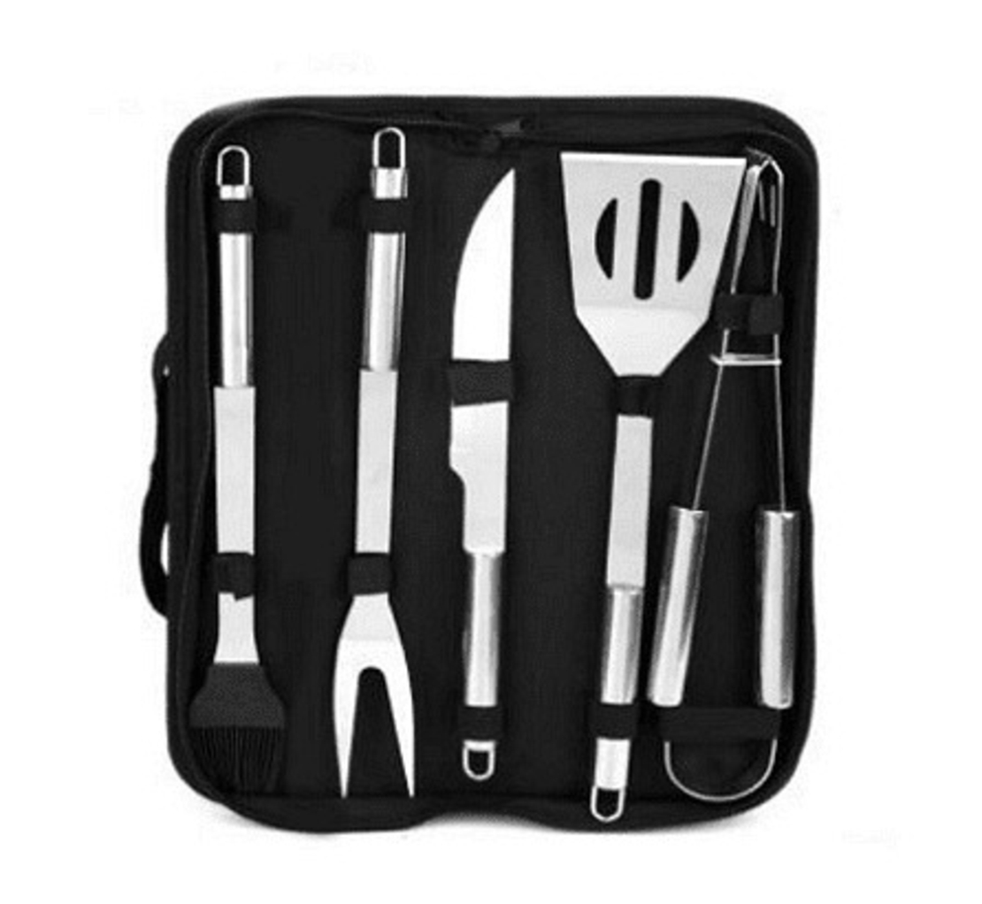 НЕМСКИ Комплект прибори за BBQ Bdown от неръждаема стомана, Елегантна кутия, 6 броя + ЛЕД ФЕНЕР