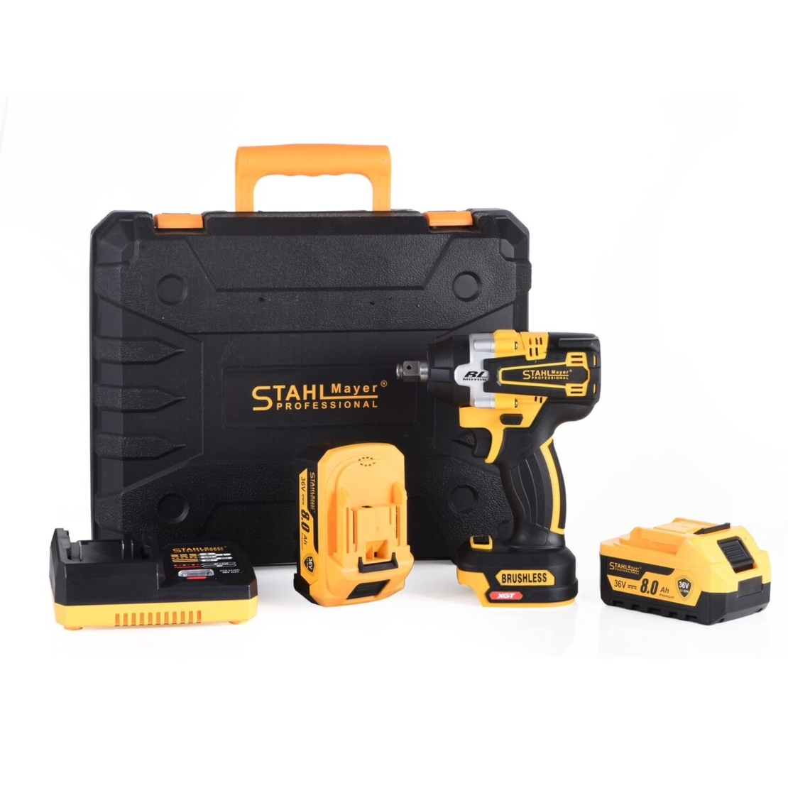 НЕМСКИ Акумулаторен Ударен Гайковерт / Импакт Комбиниран 36V 8,0AH STAHLMAYER + 40 части инструменти Безчетков 2 Батерии 850Nm + ЛЕД ФЕНЕР