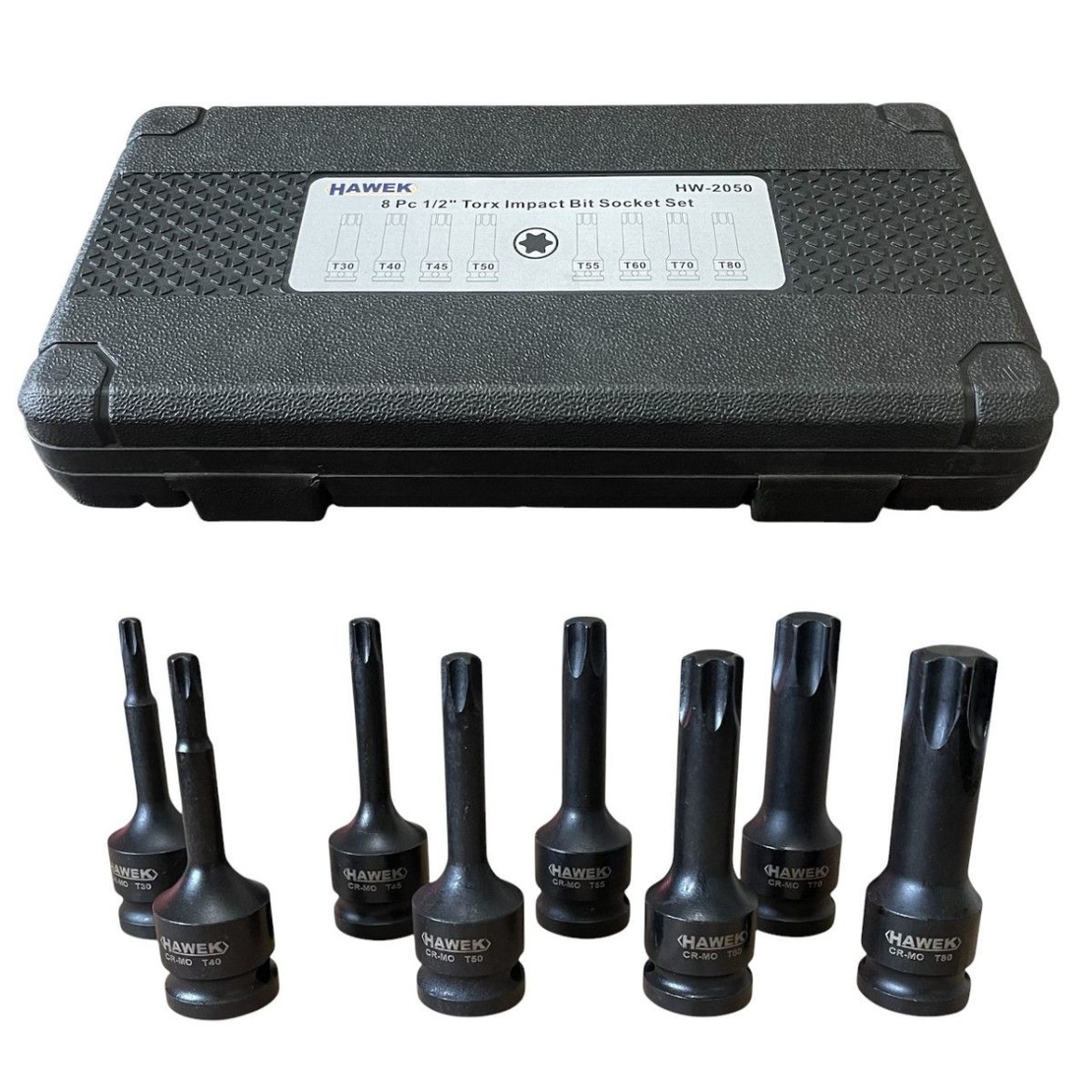 НЕМСКИ УДАРНИ БИТОВЕ КОМПЛЕКТ 1/2 – ТОРКС 8 ЧАСТИ HAWEK HW-2050 + ЛЕД ФЕНЕР
