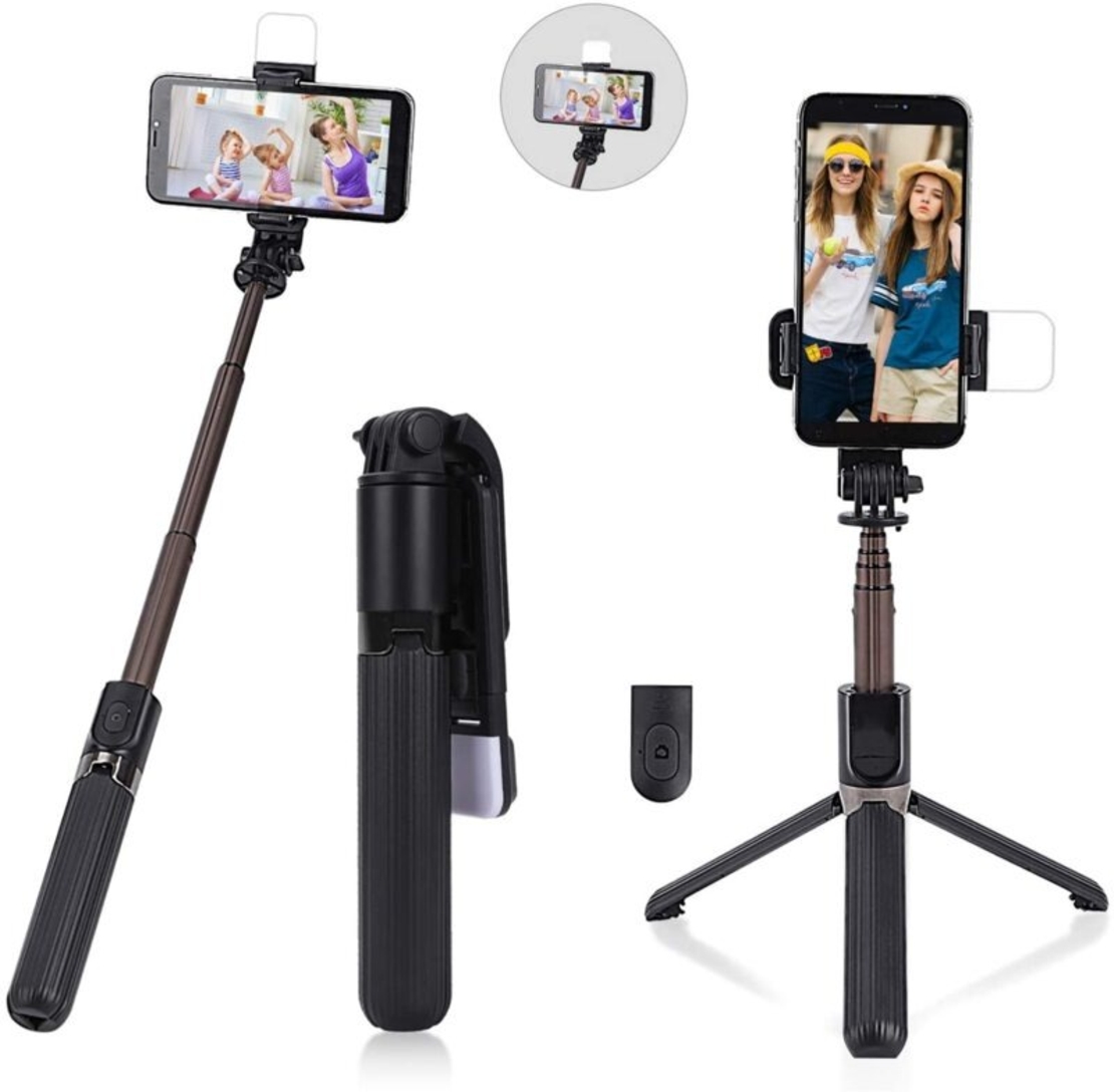 НЕМСКИ 2 в 1 Селфи стик и разтегателен статив с дистанционно и Bluetooth Q02S + ЛЕД ФЕНЕР