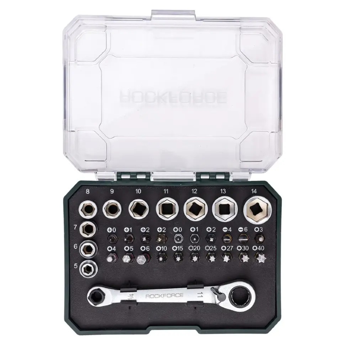 НЕМСКИ Комплект Гедоре Шестостен 57 части 1/4 4-14мм ROCKFORCE + ЛЕД ФЕНЕР