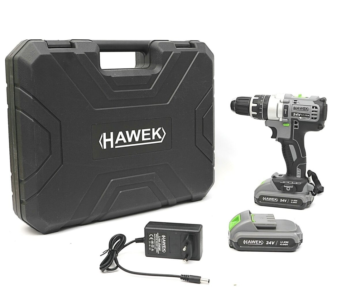 НЕМСКИ Акумулаторен Ударен Винтоверт 24V HAWEK Полша + 111 части Инструменти + ЛЕД ФЕНЕР