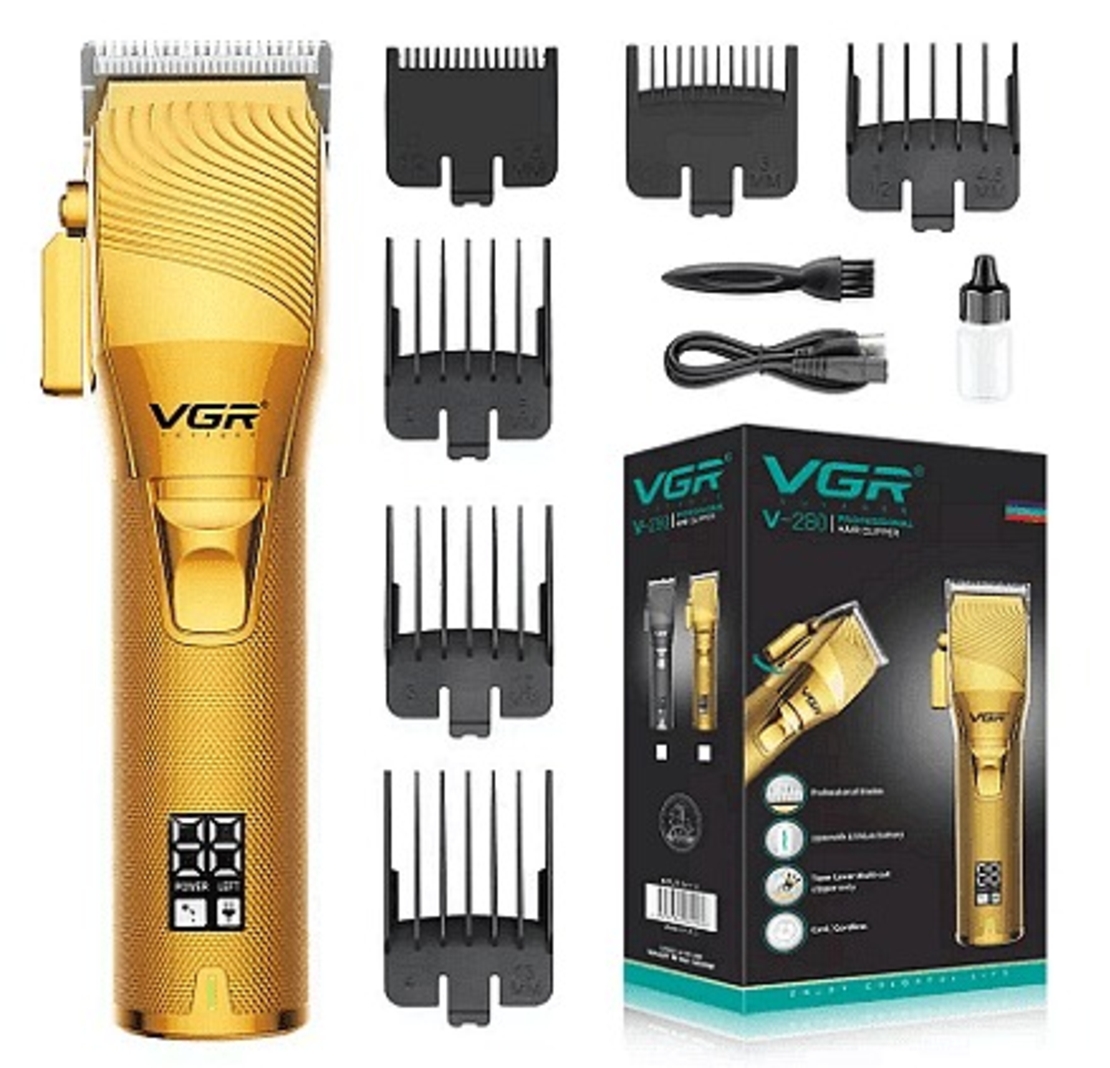 НЕМСКА Машинка за подстригване VGR 280, Стоманено острие, LCD дисплей, 6 приставки, Кука за закачане, Златен + ЛЕД ФЕНЕР