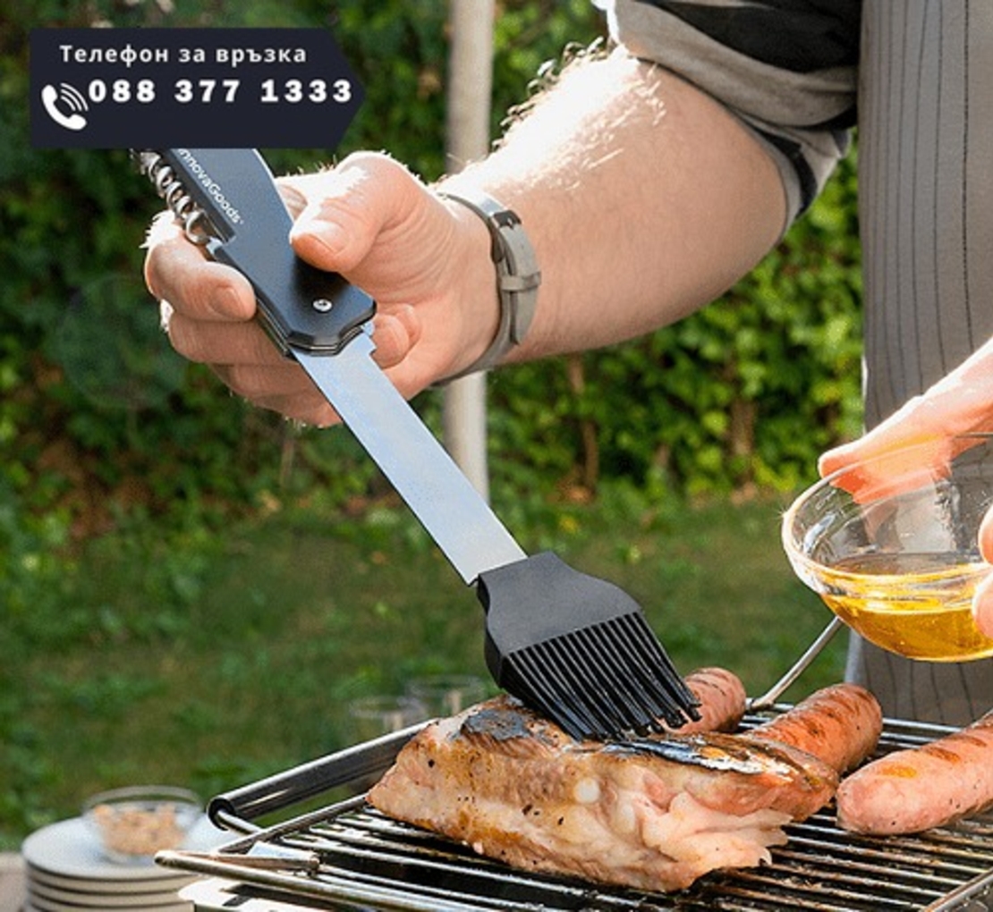 НЕМСКИ Комплект прибори за BBQ Bdown от неръждаема стомана, Елегантна кутия, 6 броя + ЛЕД ФЕНЕР