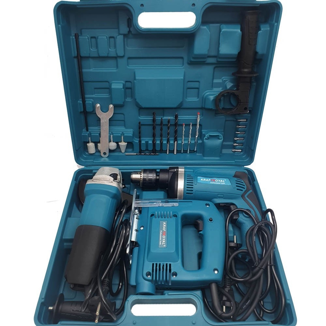 НЕМСКИ 3в1 Електрически Ъглошлайф Бормашина и Зеге Трион KRAFTROYAL Комплект + ЛЕД ФЕНЕР