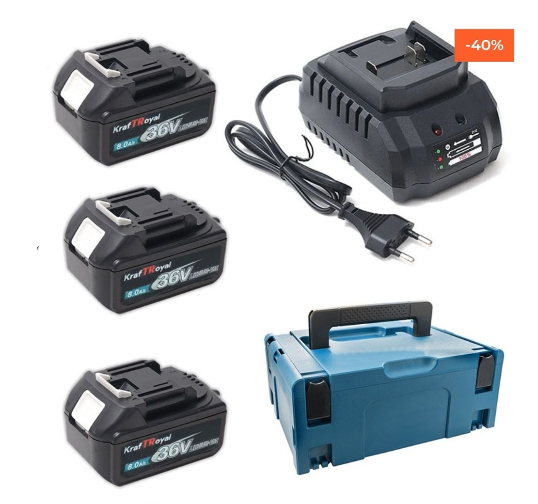 НЕМСКИ Акумулаторен Комплект 4в1 Перфоратор Ъглошлайф Гайковерт и Винтоверт 36V 8,0AH KRAFTROYAL + ЛЕД ФЕНЕР