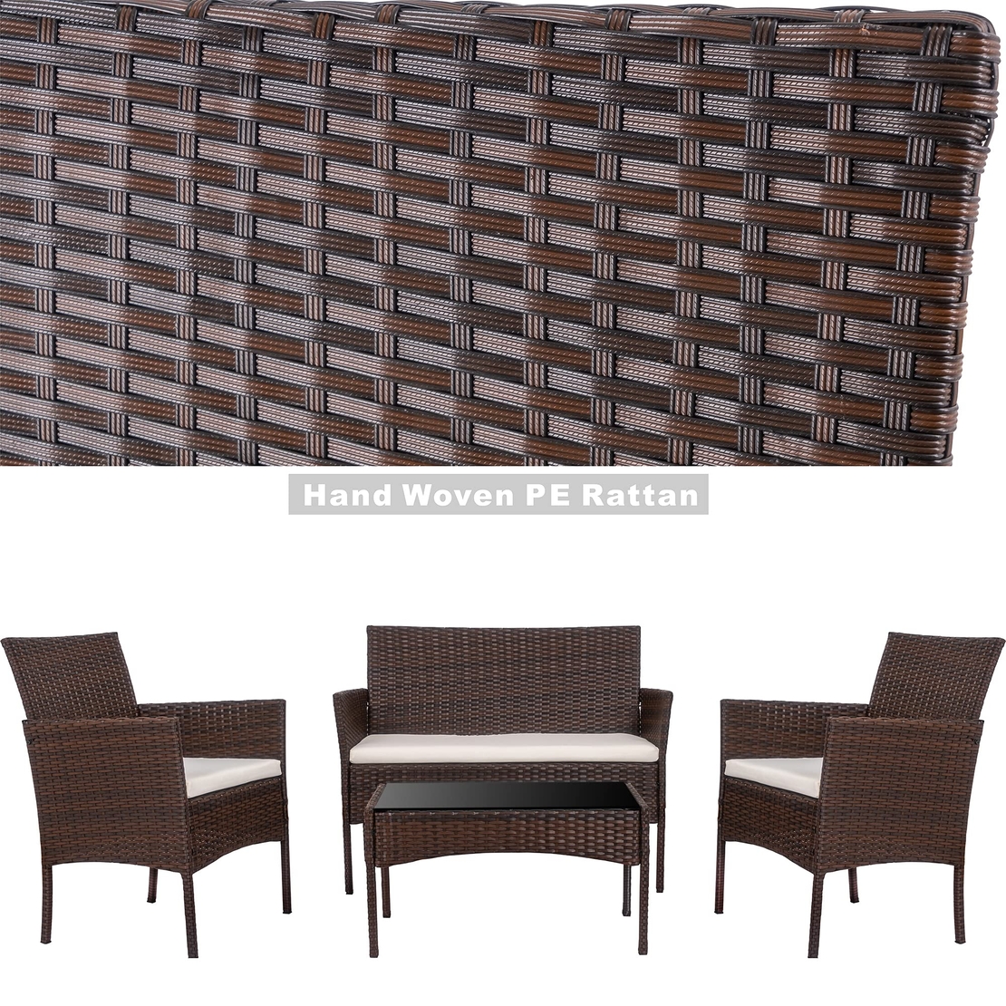 НЕМСКИ Градински Комплект 4 Части–Ратанова Мебел За Релакс + ЛЕД ФЕНЕР