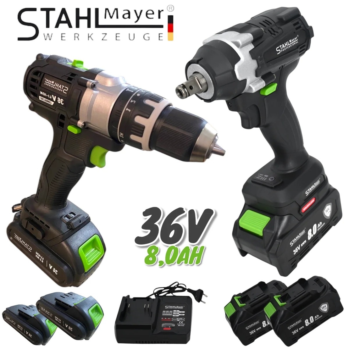 НЕМСКИ Акумулаторен Ударен Винтоверт и Безчетков Гайковерт / Импакт Комбиниран Безжичен 2в1 STAHLMAYER BLACK 4 Броя Батерии 36V 8,0AH + ЛЕД ФЕНЕР