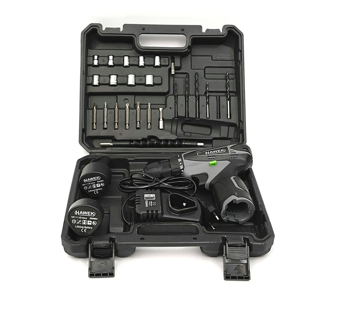 НЕМСКИ Полски Акумулаторен Двускоростен Винтоверт с Вложки и Удължение 12V 2AH HAWEK + ЛЕД ФЕНЕР