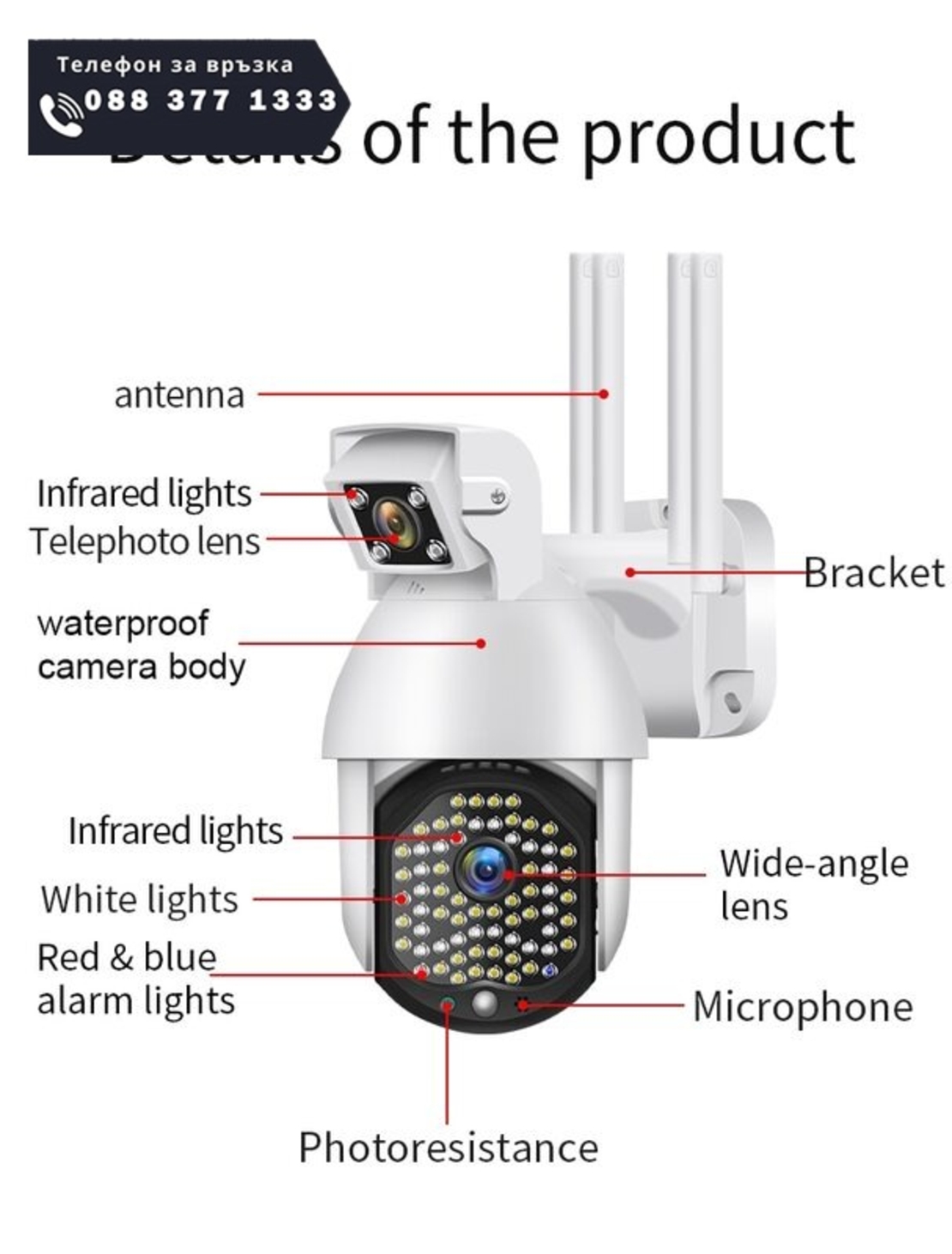 НЕМСКА WIFI FULL HD 2.0MP 50 LED 355° ВЪРТЯЩА КАМЕРА с двойна камера и телефото, IP66 водоустойчива + ЛЕД ФЕНЕР
