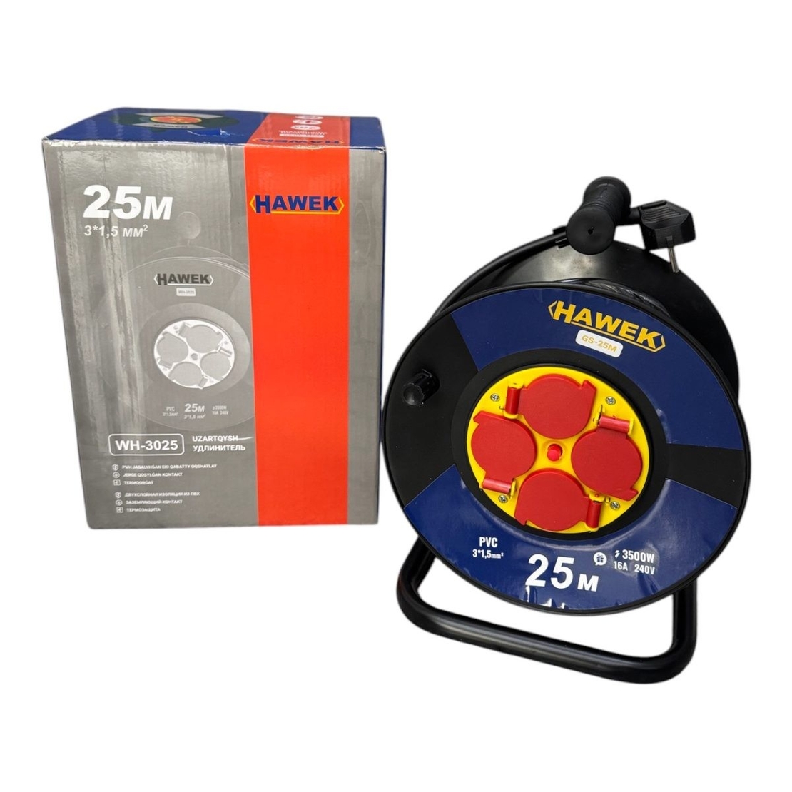 НЕМСКИ Удължител на Макара с Кабел HAWEK 25 метра + ЛЕД ФЕНЕР