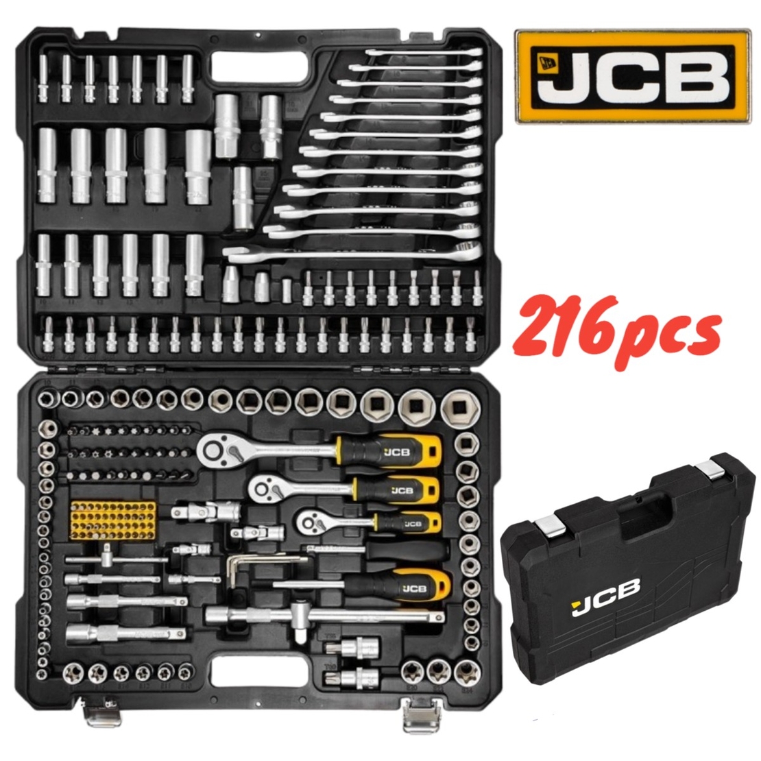 НЕМСКО Гедоре Професионално 216ч. JCB 1/4 3/8 1/2 J-38841 Хром Ванадиева Стомана + ЛЕД ФЕНЕР