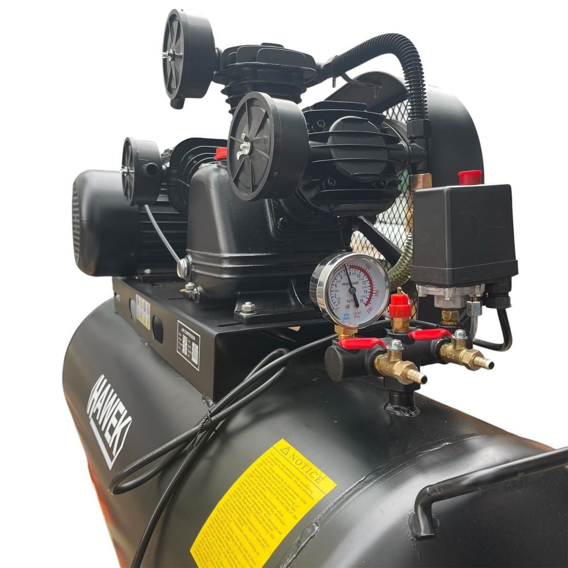 НЕМСКИ ПРОФЕСИОНАЛЕН КОМПРЕСОР ЗА ВЪЗДУХ 100 ЛИТРА МАСЛЕН HAWEK HW-3012 + ЛЕД ФЕНЕР