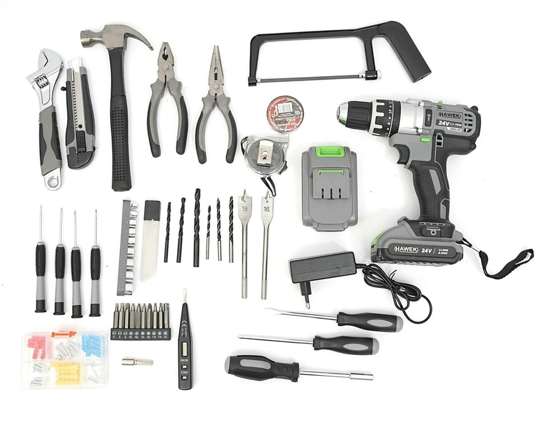 НЕМСКИ Акумулаторен Ударен Винтоверт 24V HAWEK Полша + 111 части Инструменти + ЛЕД ФЕНЕР