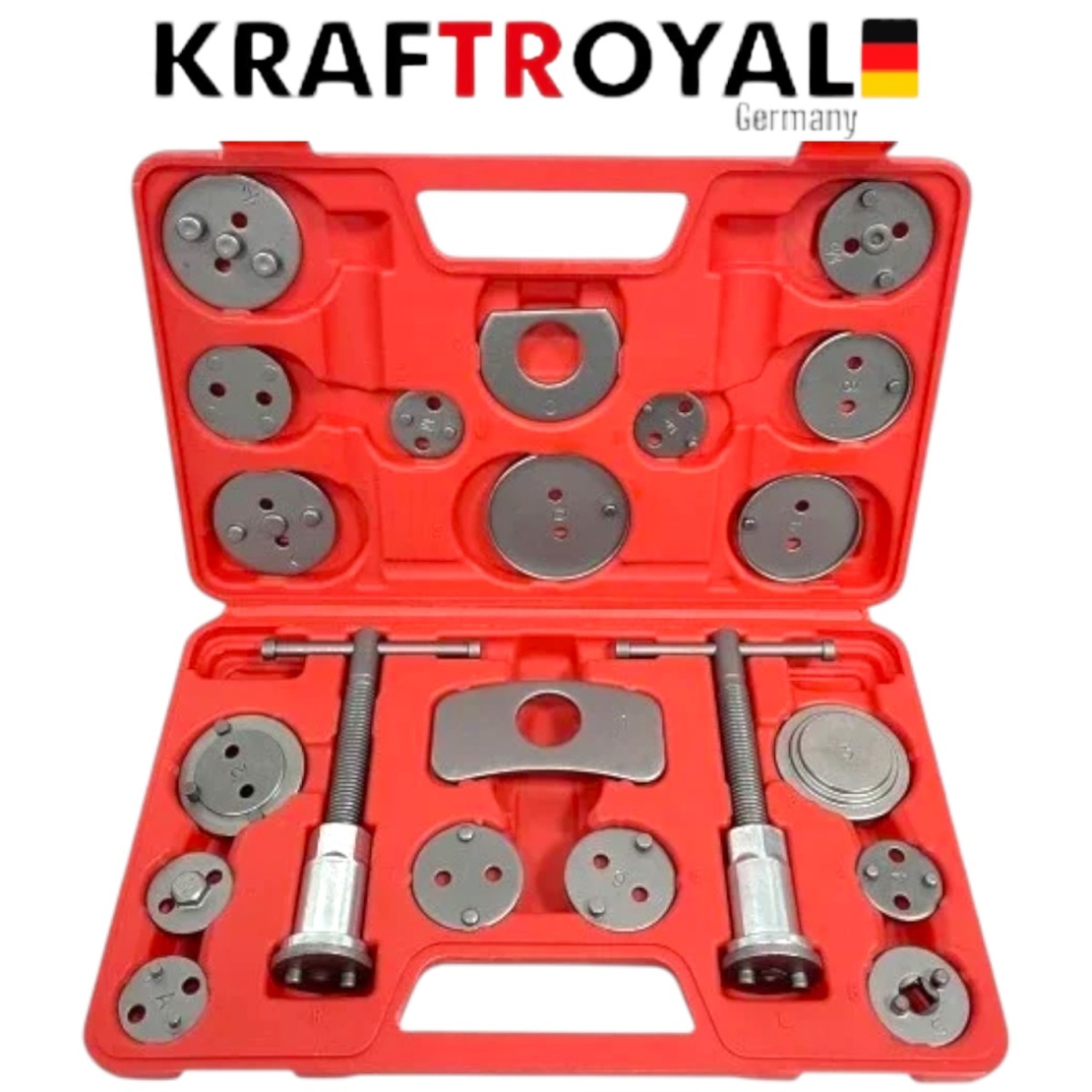 НЕМСКИ Комплект за Сваляне на Спирачни Цилиндри KRAFTROYAL 21 части Смяна на Накладки Спирачки + ЛЕД ФЕНЕР