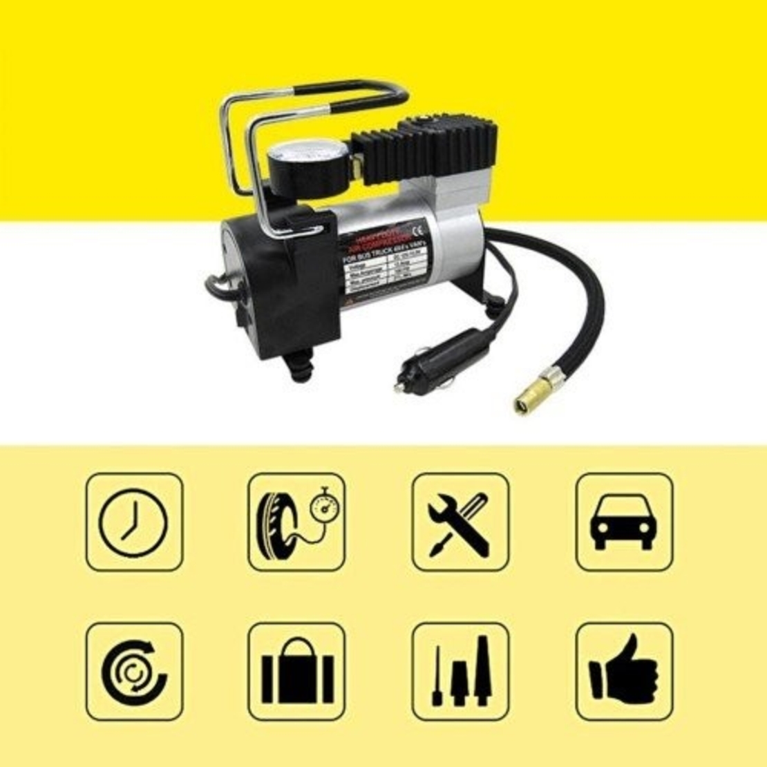 НЕМСКИ Компресор за Въздух с Метален Корпус и 150W вата мощност Компресор за Гуми Помпа + ЛЕД ФЕНЕР