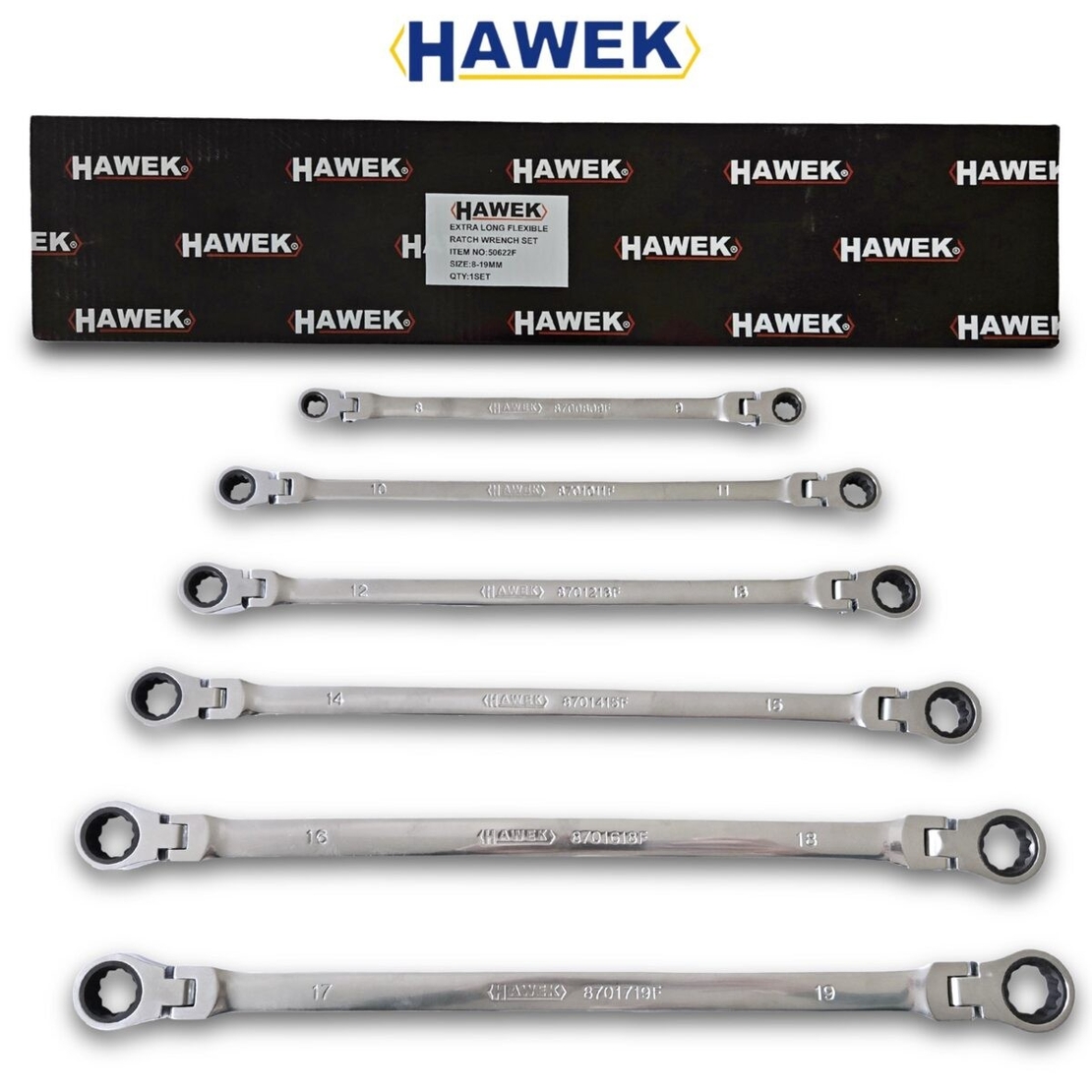 НЕМСКИ Удължени Подвижни Ключове Звезди с тресчотка Прави Дълги Чупещи 8-19мм Полски HAWEK + ЛЕД ФЕНЕР