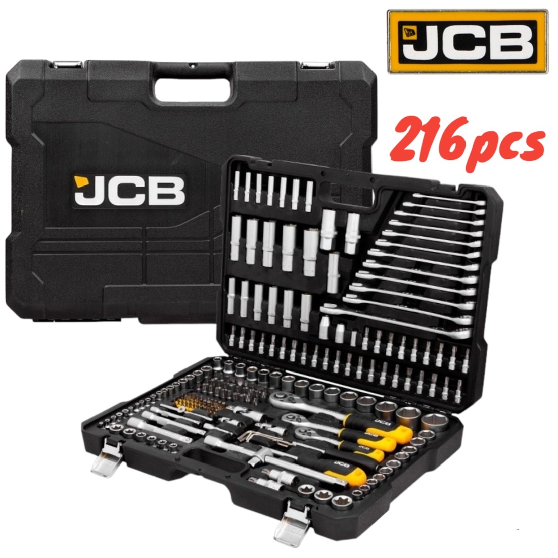 НЕМСКО Гедоре Професионално 216ч. JCB 1/4 3/8 1/2 J-38841 Хром Ванадиева Стомана + ЛЕД ФЕНЕР