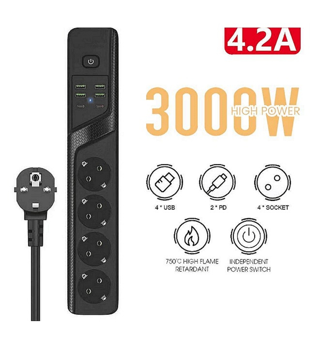 НЕМСКИ Универсален разклонител с 3 гнезда, Power Socket BKL-19 , 4.2А, 4 USB порта и 2 Type-C портала, Смарт технология, 3000W + ЛЕД ФЕНЕР