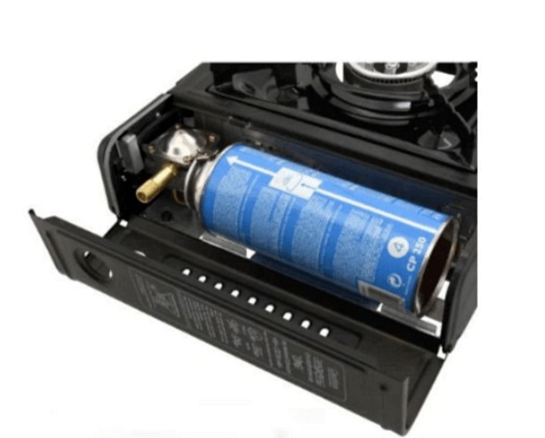 НЕМСКИ Туристически преносим газов котлон, 2.1 kW, 340х280х100мм, Бутан, Черен + ЛЕД ФЕНЕР