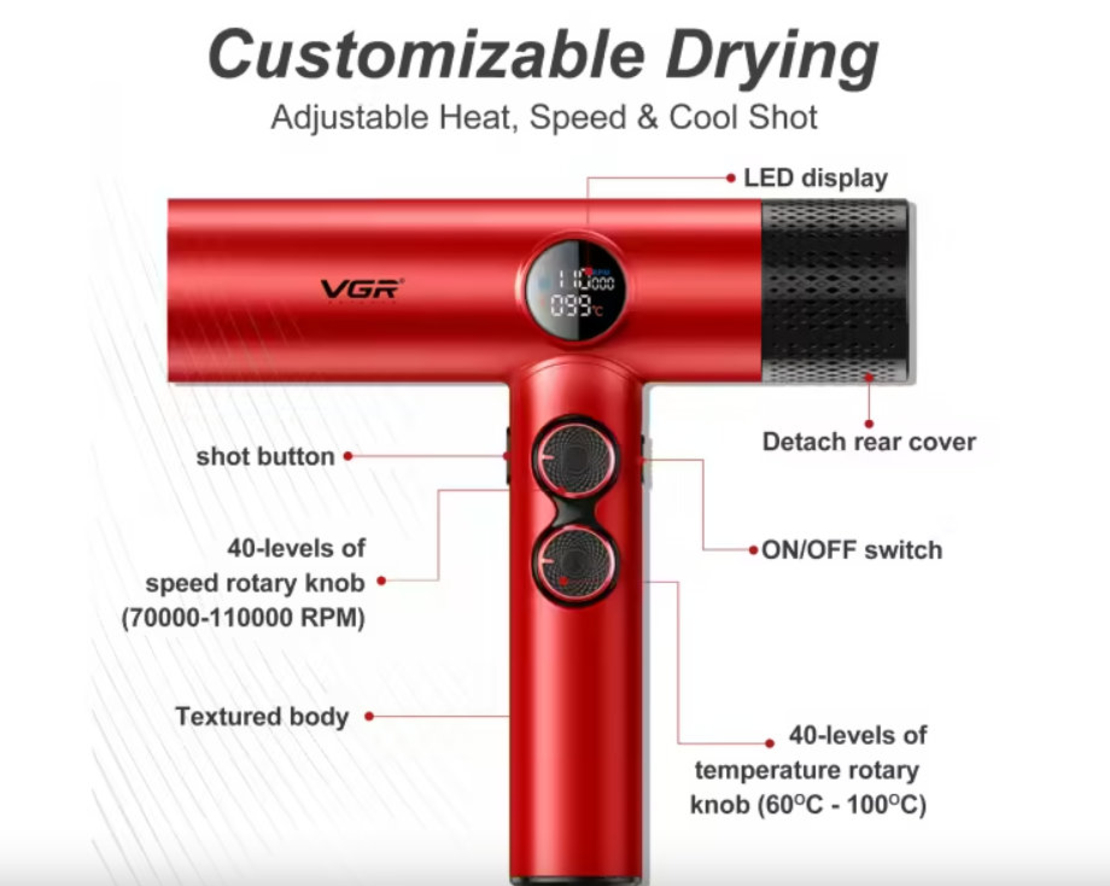 НЕМСКИ Професионален Сешоар VGR-401 – Червен LED Дисплей