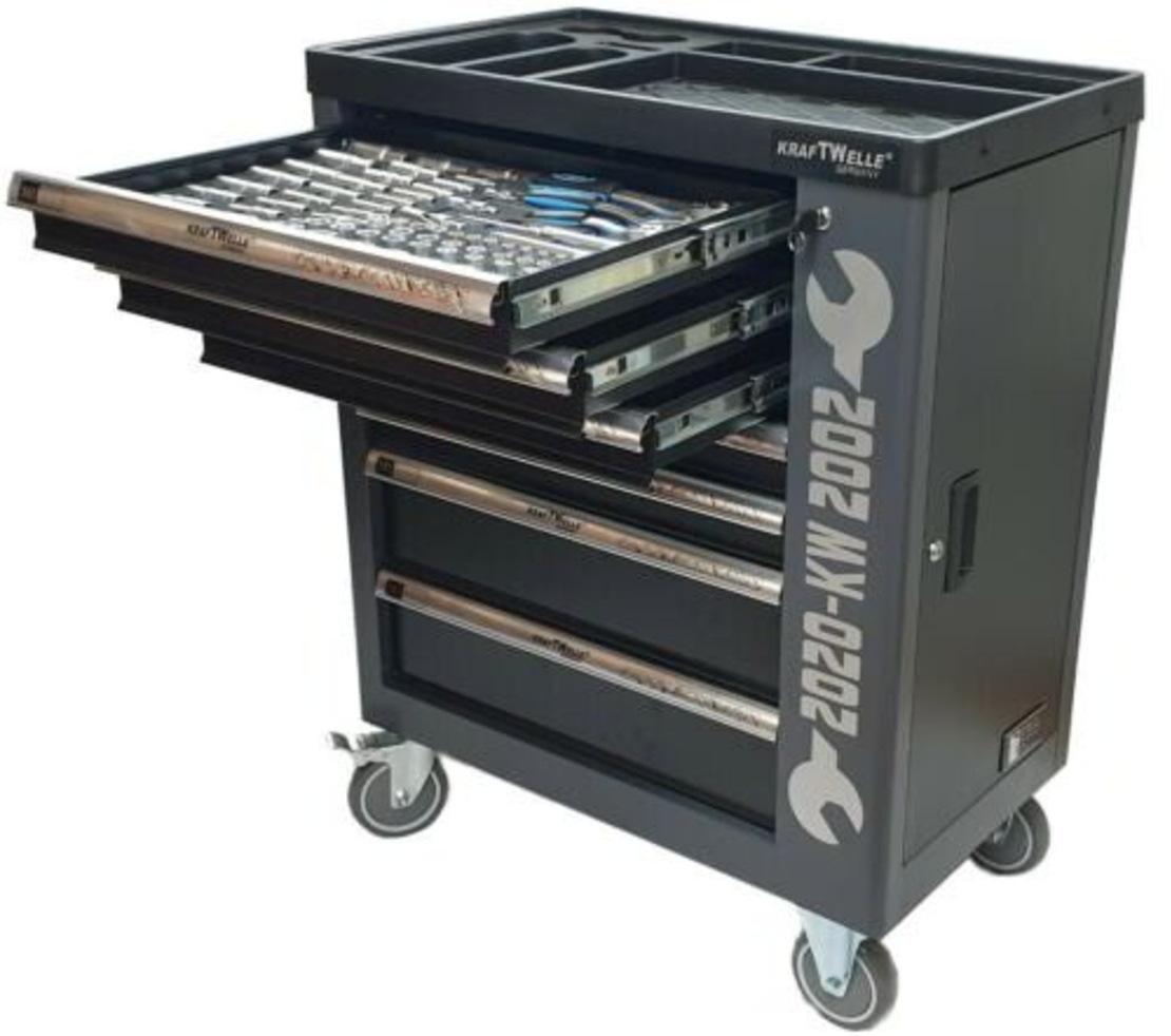 НЕМСКА Количка с инструменти 7 чекмеджета 6 пълни Шкаф KrafTWelle + ЛЕД ФЕНЕР