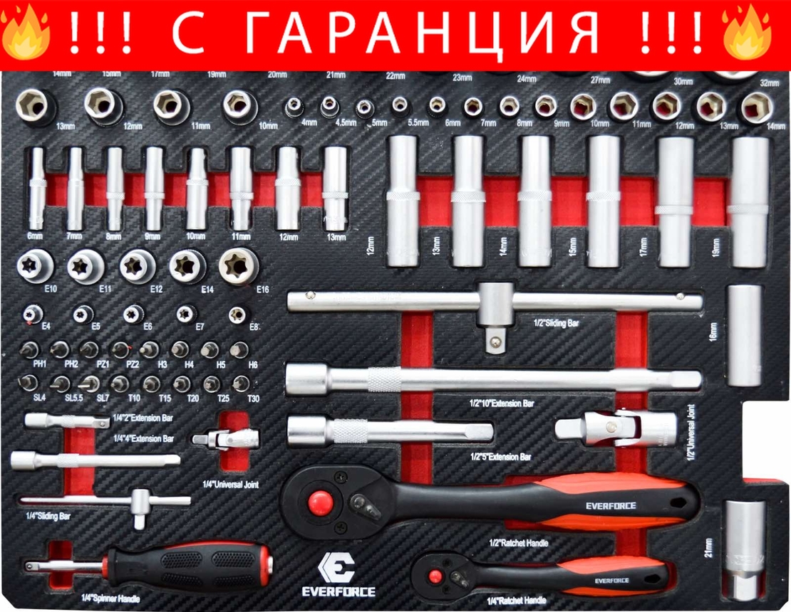 НЕМСКА Професионална Количка с Инструменти 238 части Куфар EVERFORCE + ЛЕД ФЕНЕР