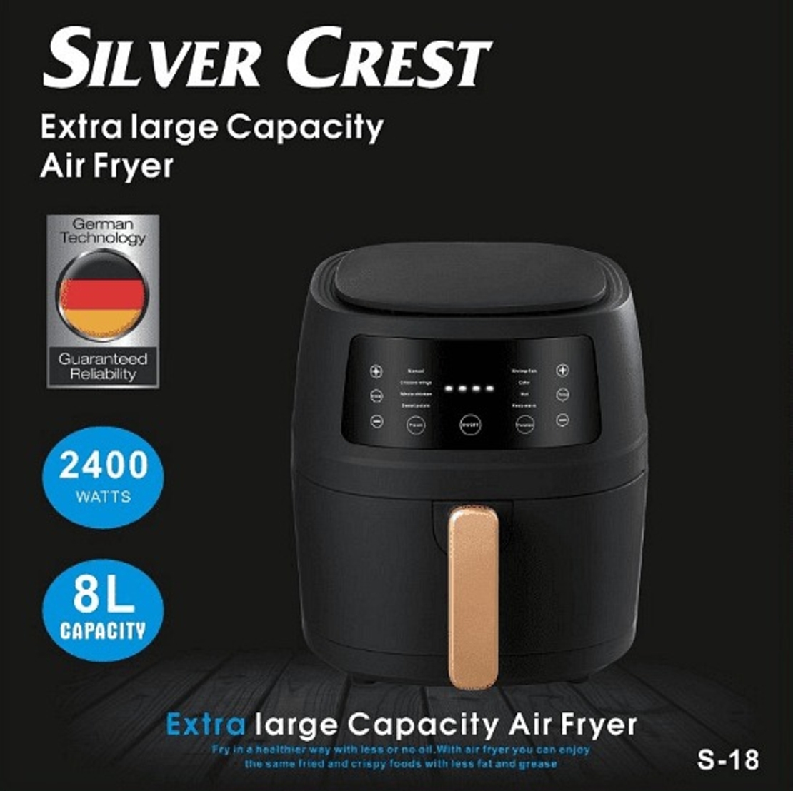 НЕМСКИ Уред за готвене с горещ въздух, Silver Crest, S-18, 8 литра, 2400 W, Черен + ЛЕД ФЕНЕР