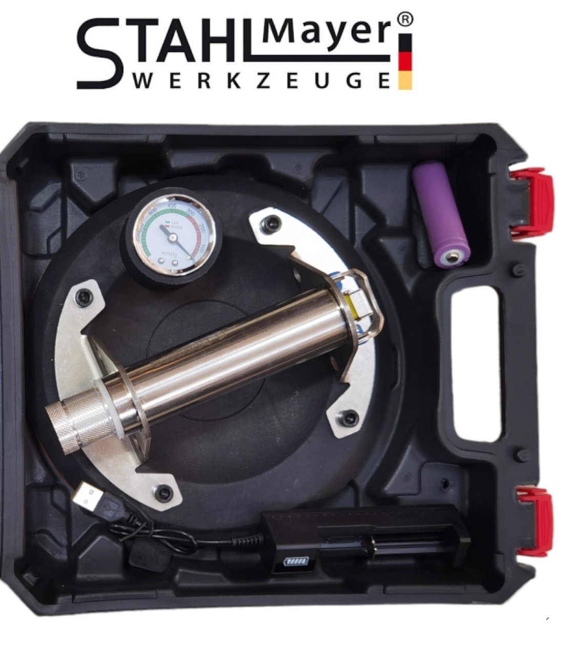 НЕМСКА Акумулаторна Вакум Помпа за Плочки Вендуза с Манометър STAHLMAYER до 150кг Вакуум с батерия + ЛЕД ФЕНЕР