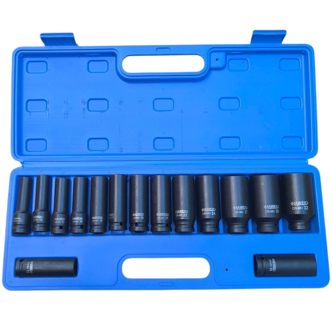 НЕМСКИ Ударни Вложки 1/2″ Удължени Комплект 12 – стенни 15 части HAWEK + ЛЕД ФЕНЕР