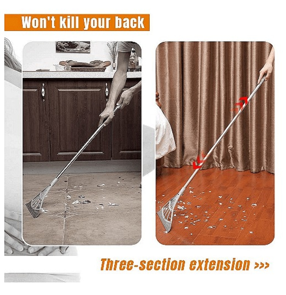 НЕМСКО Мултифункционална метла - гребло 2 в 1, Извънредно дългата дръжка + ЛЕД ФЕНЕР