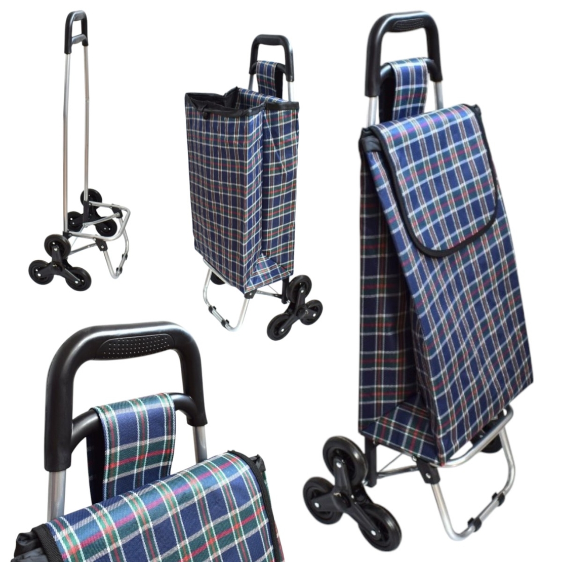 НЕМСКА Пазарска Количка Сгъваема за Стълби с 2х3 колелца Многоцветна капацитет 60 литра + ЛЕД ФЕНЕР