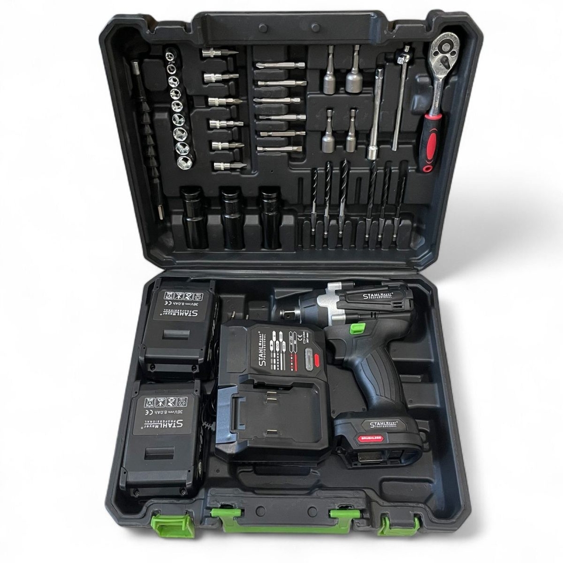 НЕМСКИ Ударен Гайковерт – Импакт (Винтоверт) 36V 8,0AH STAHLMAYER Акумулаторен + 40 Части Инструменти + ЛЕД ФЕНЕР