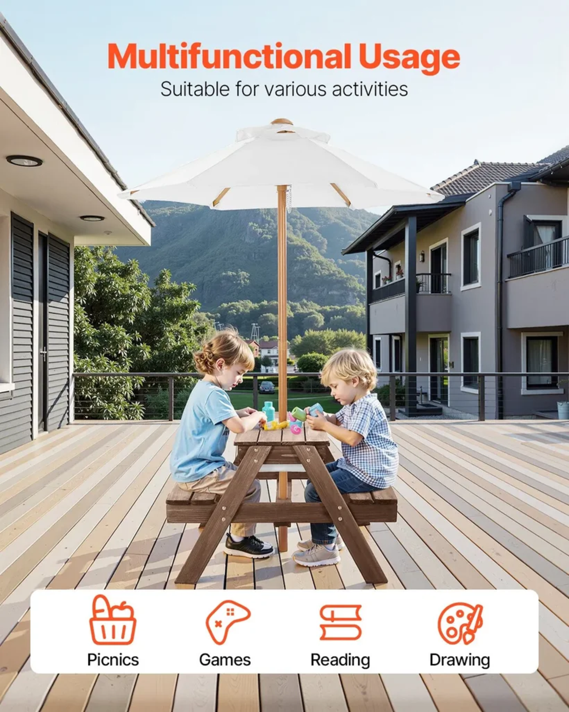 НЕМСКИ Дървен Градински Комплект – Пикник Маса с Пейки + ЛЕД ФЕНЕР