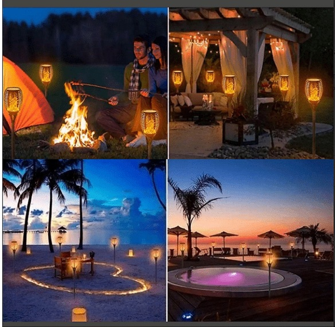 НЕМСКИ Комплект LED соларни лампи, Тип факли с пламъчен ефект, 4 броя + ЛЕД ФЕНЕР