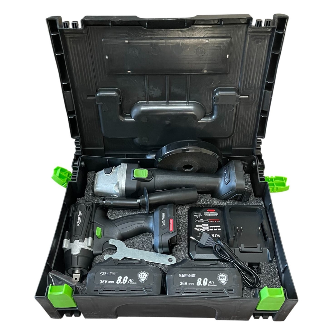 НЕМСКИ 2в1 Ударен Гайковерт и Ъглошлайф 125мм 36V 8.0A STAHLMAYER Акумулаторен Промо Комплект + ЛЕД ФЕНЕР