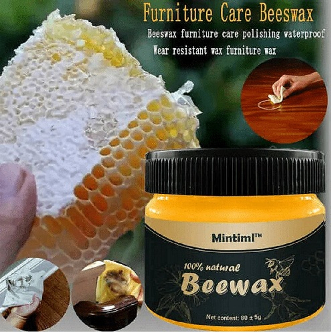 НЕМСКО Вакса з дърво от пчелен восък, Не оставя петна, Не променя цвета, 80 грама + ЛЕД ФЕНЕР