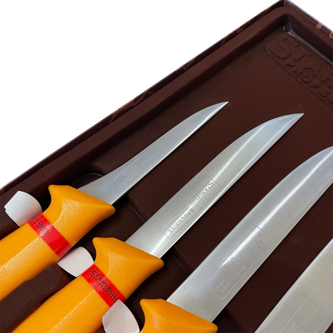 НЕМСКИ Комплект Професионални Месарски Ножове 5 броя STAHLMAYER Exclusive + Подарък + ЛЕД ФЕНЕР