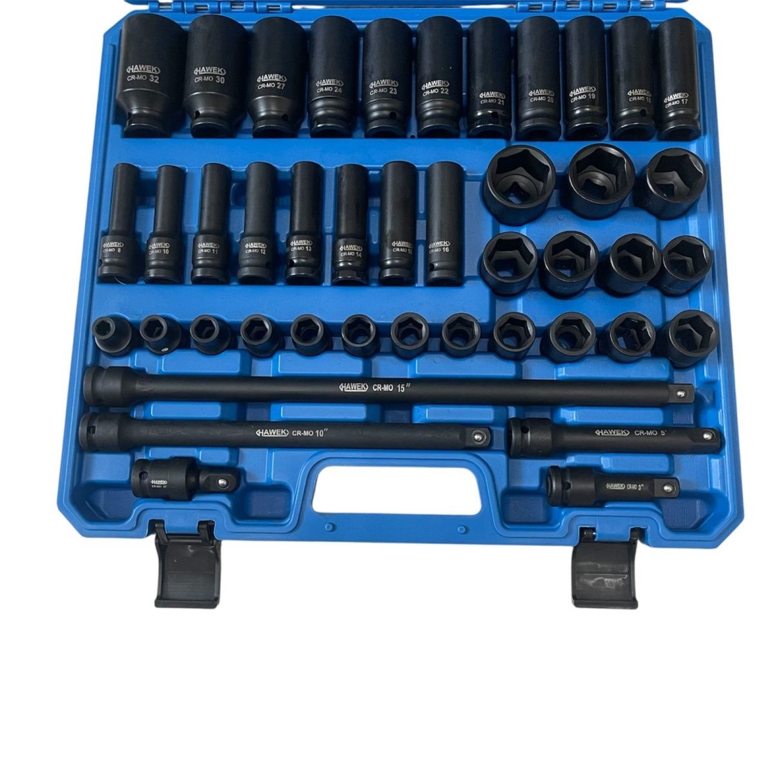 НЕМСКИ Професионален комплект ударни вложки и удължения 43части – 1/2“ (Cr-Mo) , HAWEK , HW-2053 + ЛЕД ФЕНЕР
