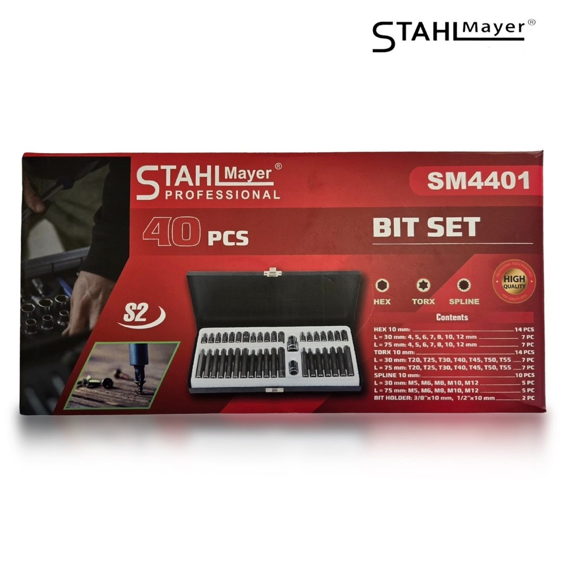 НЕМСКИ Комплект Битове Накрайници STAHLMAYER SM4401 Hex XZN и Torx 1/2″, 3/8″ 40 броя + ЛЕД ФЕНЕР
