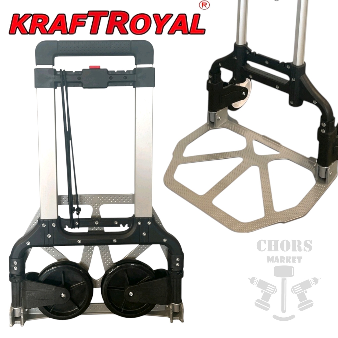 НЕМСКА Транспортна Сгъваема Количка до 60кг и до 100кг KRAFTROYAL + ЛЕД ФЕНЕР
