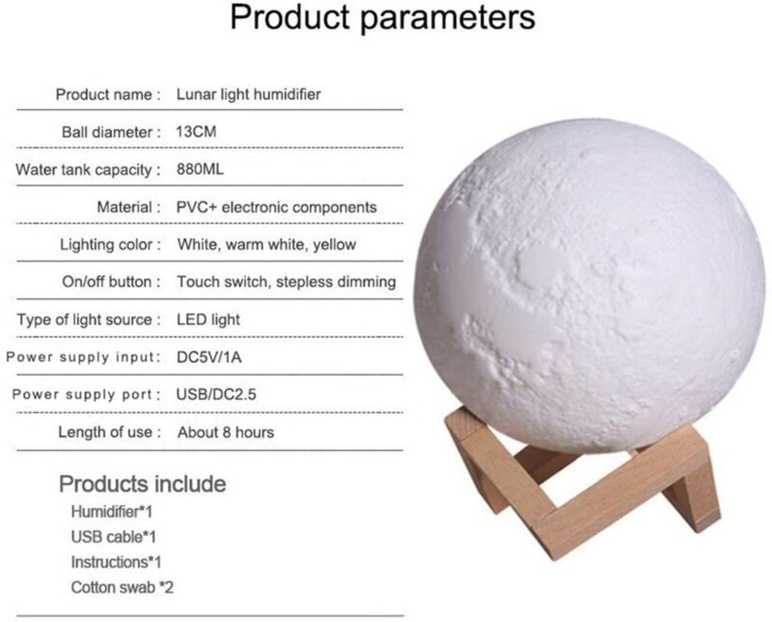 НЕМСКИ Овлажнител за въздух и светеща нощна лампа ЛУНА 3D 2в1 + ЛЕД ФЕНЕР