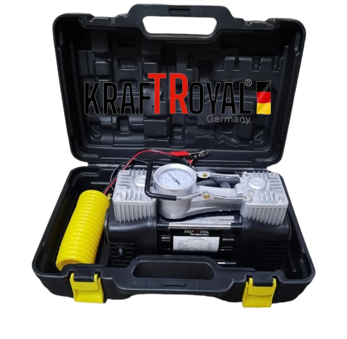 НЕМСКИ Компресор Двубутален за Помпане на Гуми с Led Фенер Маркуч за въздух Филитили и накрайници Комплект Пътна Помощ KRAFTROYAL + ЛЕД ФЕНЕР
