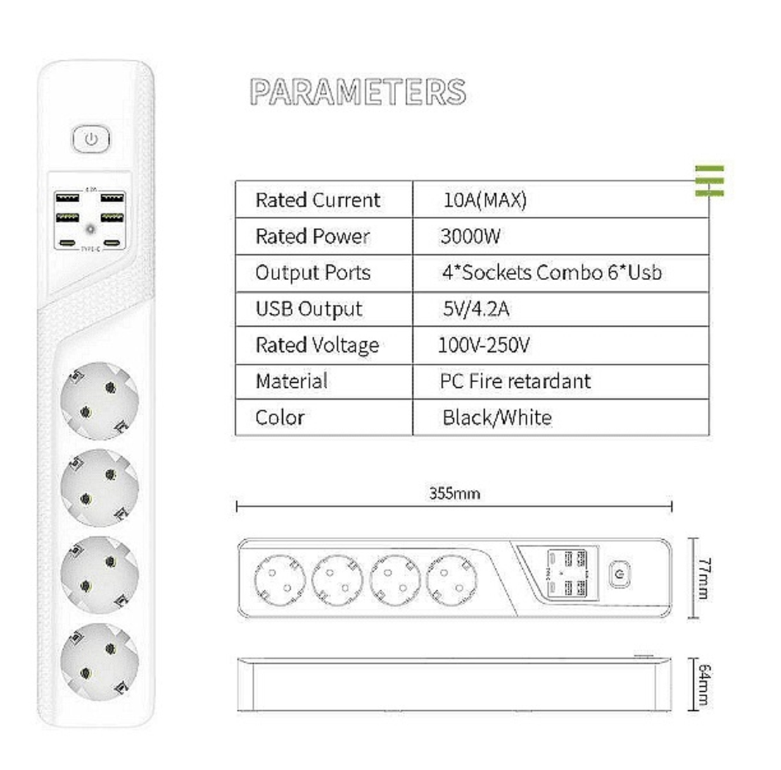 НЕМСКИ Универсален разклонител с 3 гнезда, Power Socket BKL-19 , 4.2А, 4 USB порта и 2 Type-C портала, Смарт технология, 3000W + ЛЕД ФЕНЕР