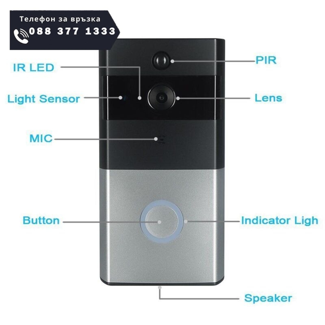 НЕМСКИ Smart Видеодомофон Звънец Wifi 720p + ЛЕД ФЕНЕР
