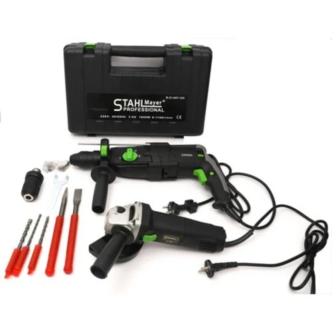 НЕМСКИ 3в1 Перфоратор Бъркалка за Бетон и Ъглошлайф Електрически STAHLMAYER Стройтелен Миксер Ударна Бормашина и Флекс ПРОМО КОМПЛЕКТ + ЛЕД ФЕНЕР