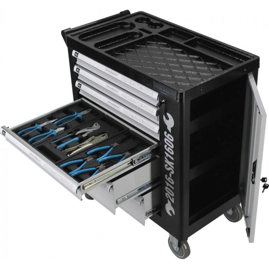 НЕМСКИ Шкаф Количка С Инструменти 6 Чекмеджета - 4 Пълни + ЛЕД ФЕНЕР