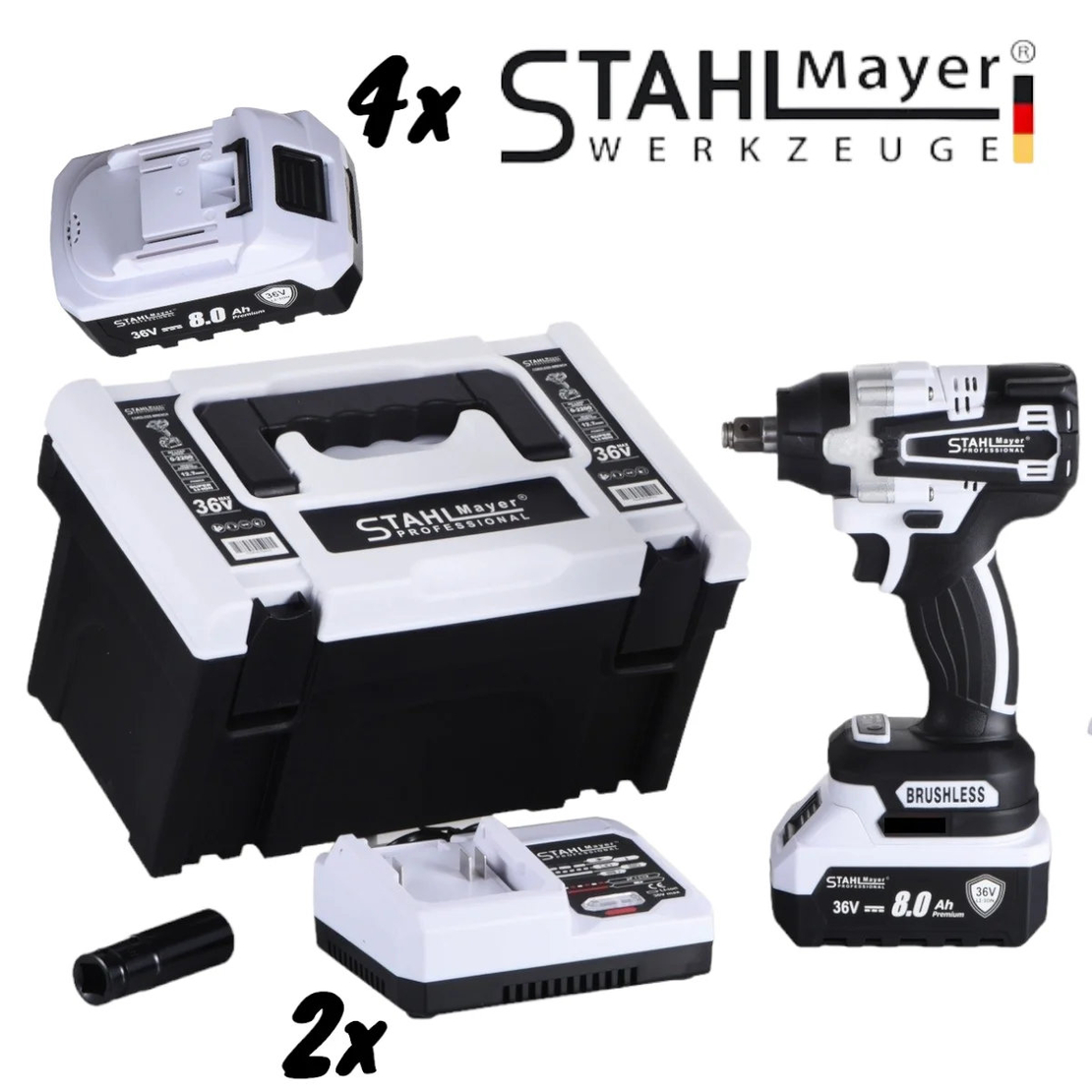 НЕМСКО ПРОМО КОМПЛЕКТ Акумулаторен Ъглошлайф 125мм и Безжичен Гайковерт-Винтоверт Безчетков Ударен 36V 8,0AH STAHLMAYER 4x Батерия 2 Зарядно в Куфар Ракета + ЛЕД ФЕНЕР