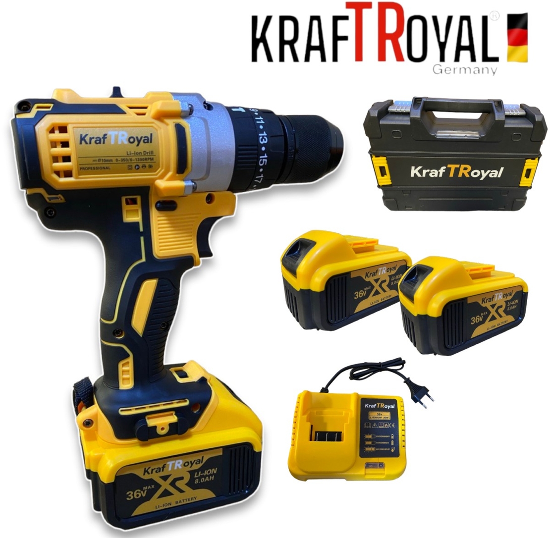 НЕМСКИ Безчетков Ударен Винтоверт 36V 8,0AH Акумулаторна Бормашина Безжична KRAFTROYAL + ЛЕД ФЕНЕР