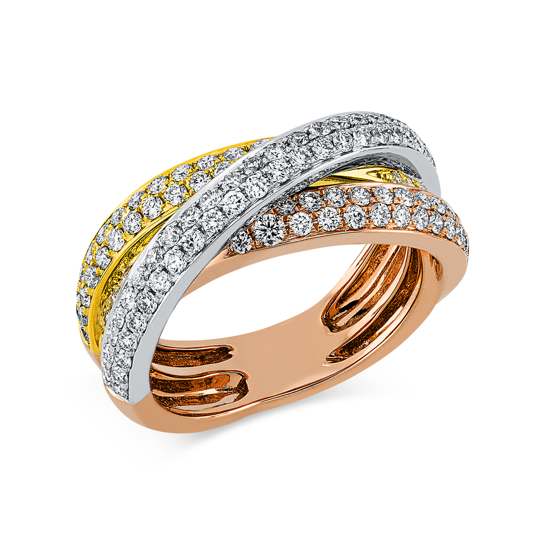 1.07 к Пръстен с диаманти от бяло, розово и жълто злато